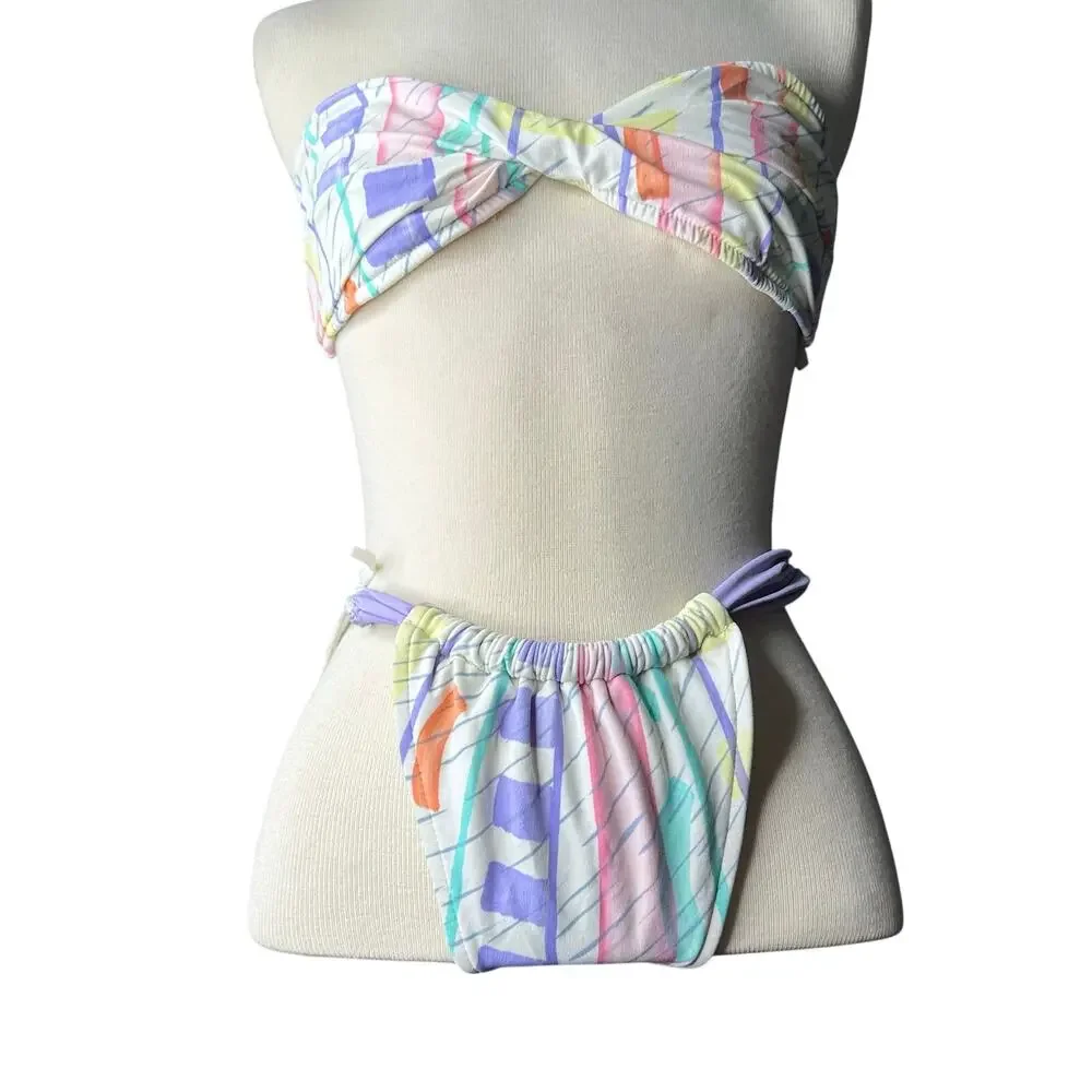 Vintage 80s/90s Bandeau Bikini Swim Suit Pastel Geometric Womens SZ M